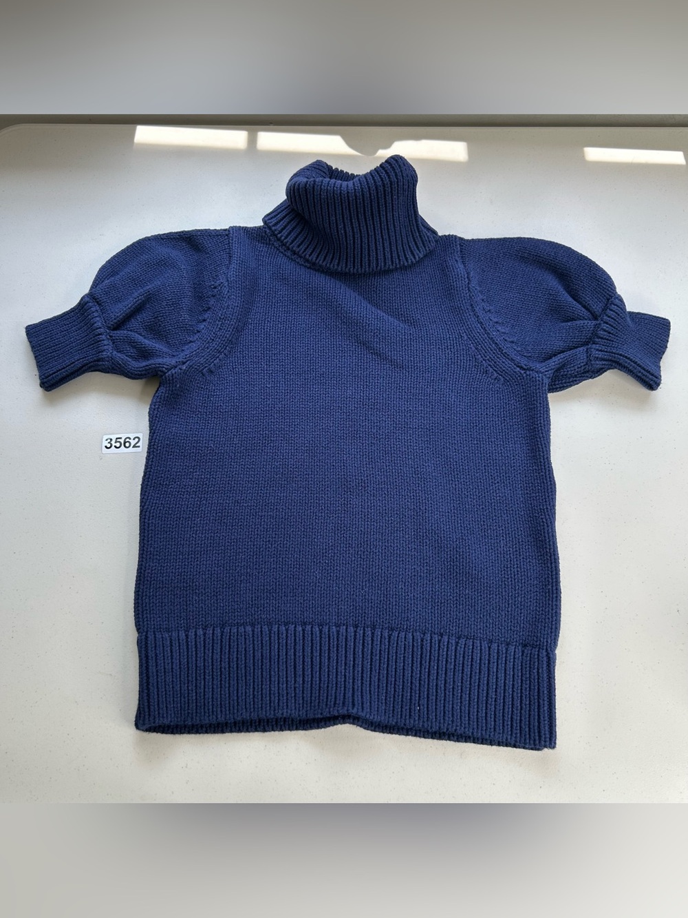 Adam Lippes Navy Blue Organic Cotton Navy Puff Sleeve Sweater XS Turtleneck